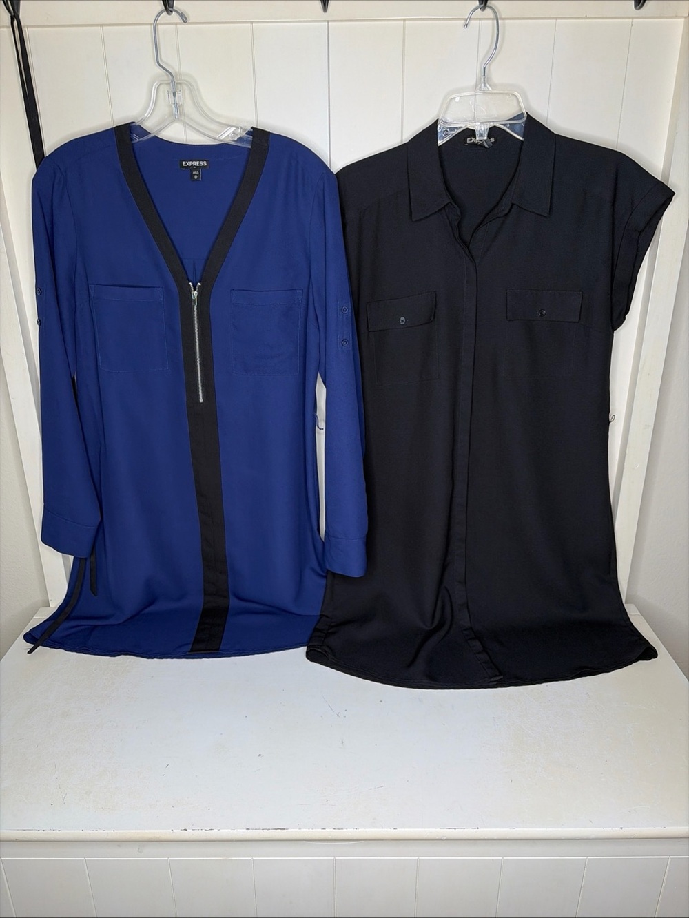 2 Express Blue Black Knee Length Shirt Business Dress - Size Medium